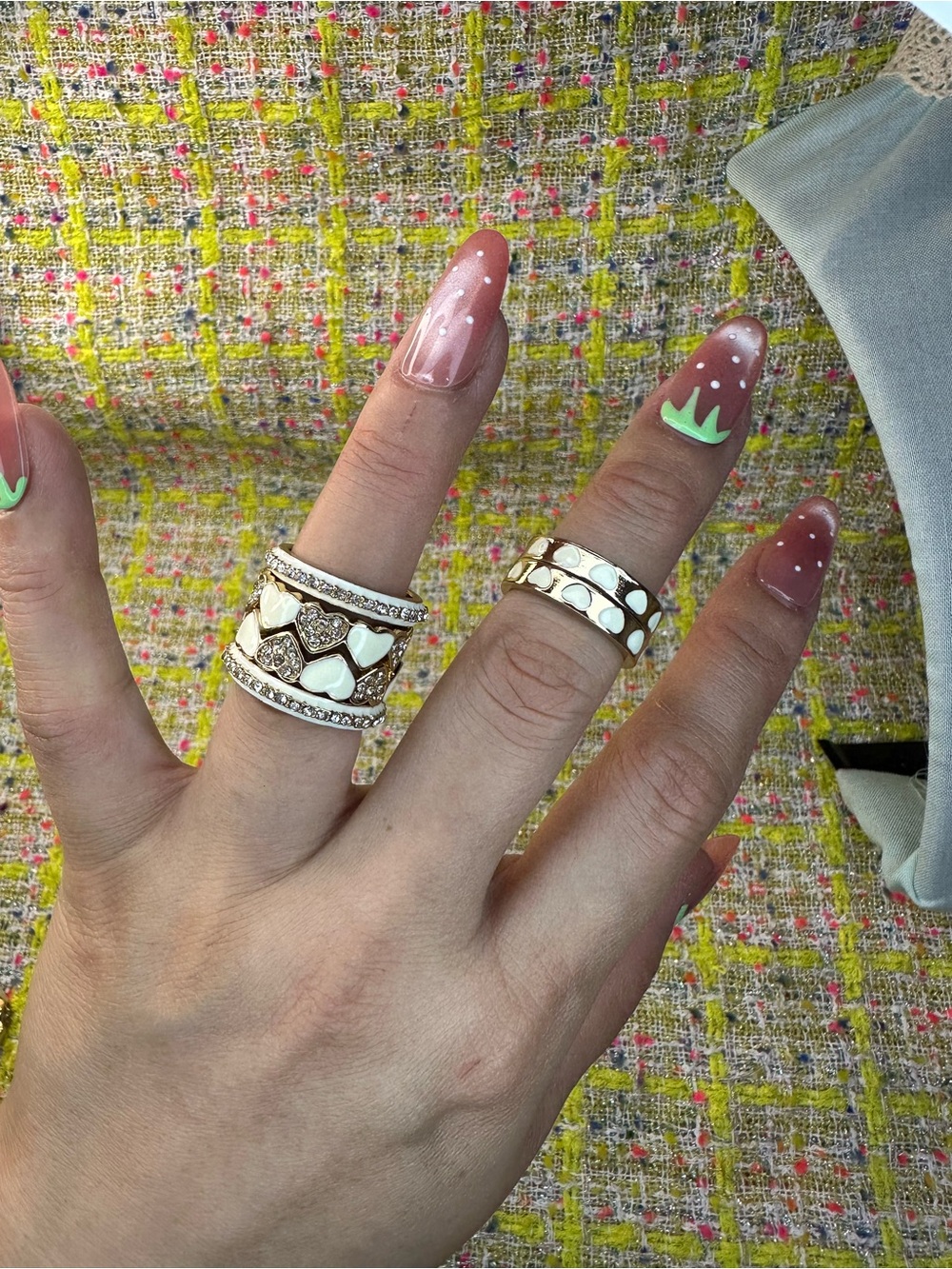Gold and White Heart Enamel Stackable Ring Set size  7